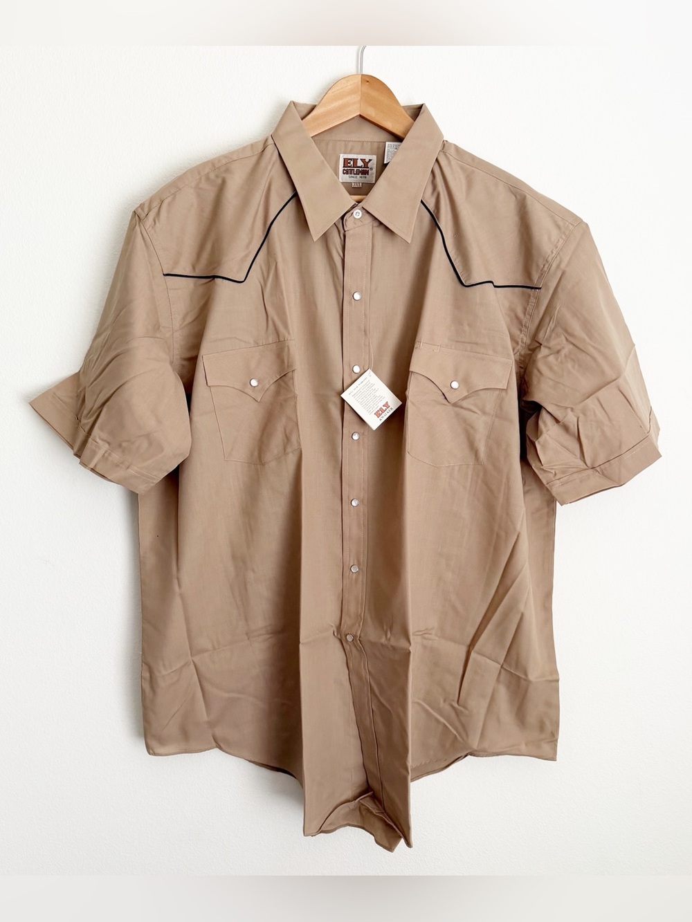 NWT Ely Cattleman Khaki Short Sleeve Western Snap Shirt Black Piping Men’s 3XL